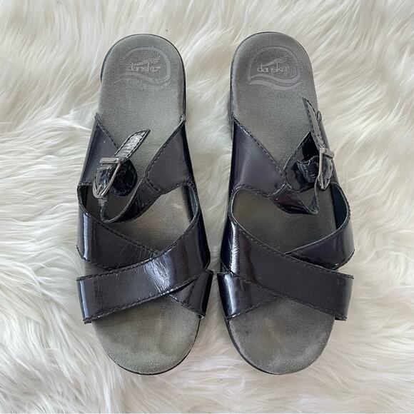 Dansko | Women’s Sela Sandals Open Toe Black Patent Leather Buckle Crisscross 38 - Picture 9 of 10